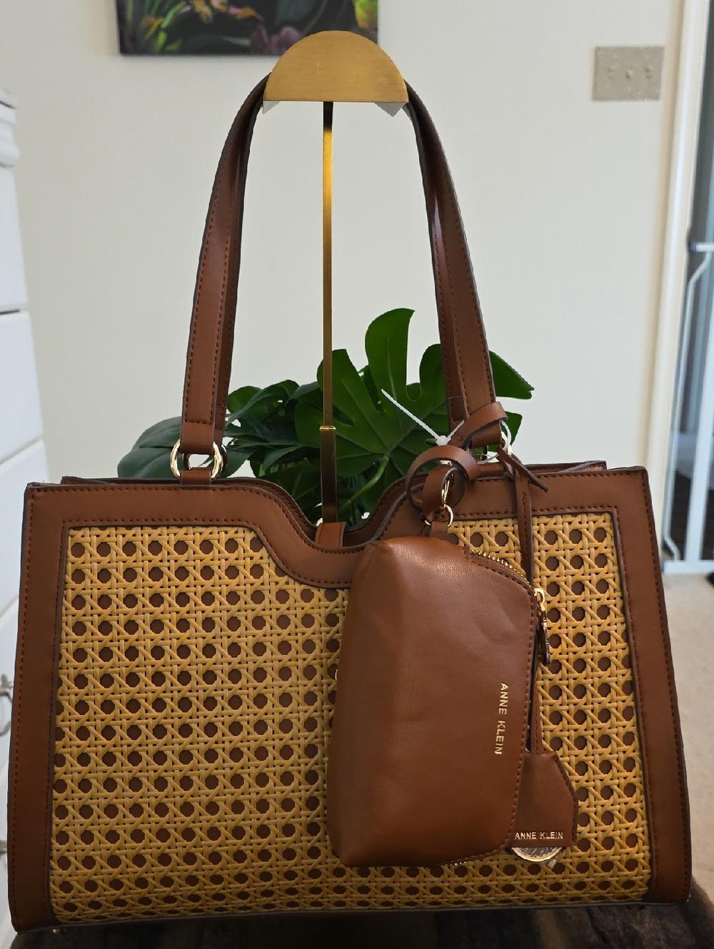 NWT ANNE KLIEN Women’s Brown Woven Tote Bag with Leather Trim & CHANGE PURSRE - Picture 6 of 6